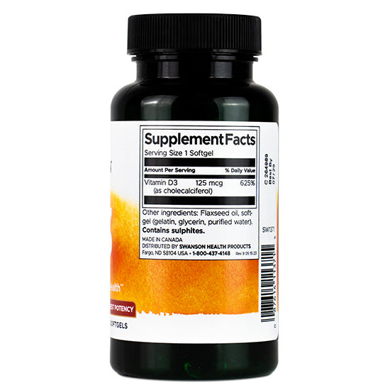 Vitamin D-3, 5000 IU, 250 softgels, Swanson