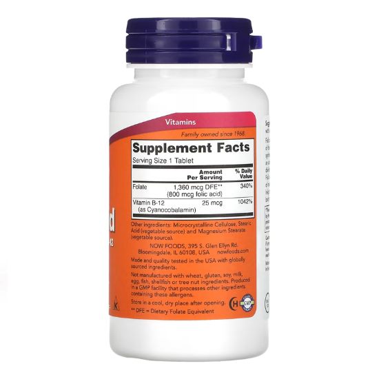 Folic Acid with Vitamin B12, 800mcg, 250 tabs, NOW Foods - Vitax.ro
