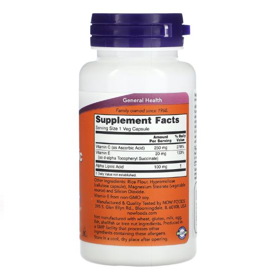 Alpha Lipoic Acid with Vitamins C & E, 100mg, 60 vcaps, NOW Foods - Vitax.ro
