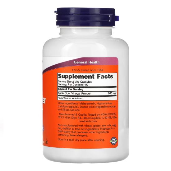 Apple Cider Vinegar, 450mg, 180 vcaps, NOW Foods - Vitax.ro