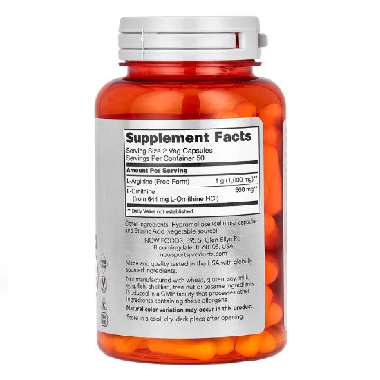 Arginine & Ornithine, 500/250, 100 vcaps, NOW Foods - Vitax.ro