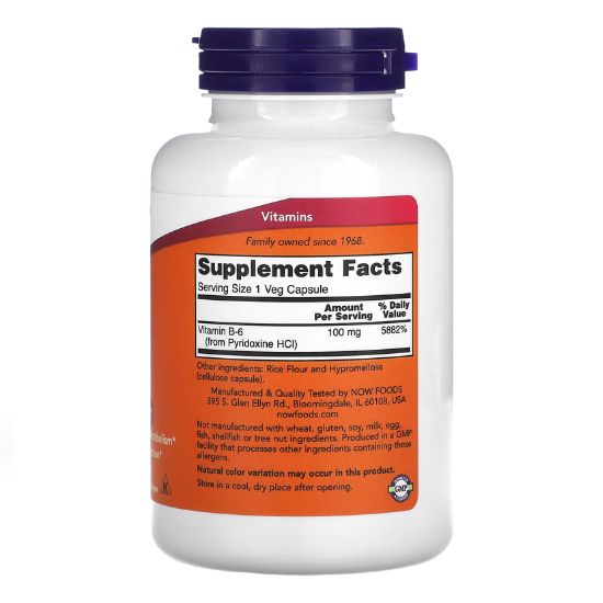 Vitamin B-6 100 mg, 250 Capsule Vegetale,  NOW Foods - Vitax.ro