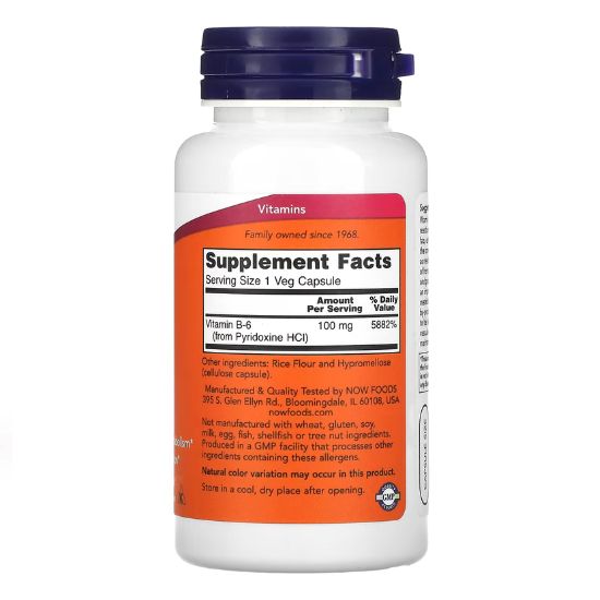 Vitamin B-6, 100mg, 100 caps, NOW Foods - Vitax.ro