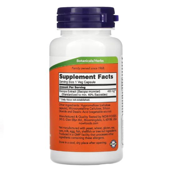 Bacopa Extract, 450mg, 90 vcaps, NOW Foods - Vitax.ro