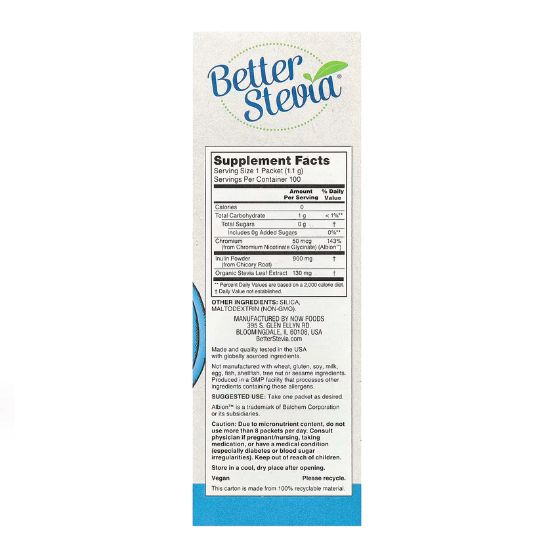 BetterStevia Balance with Chromium & Inulin, 100 packets, NOW Foods - Vitax.ro