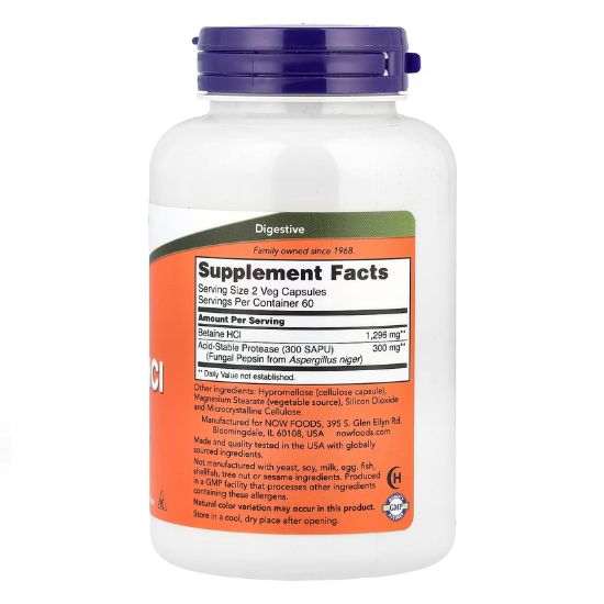 Betaine HCl, 648mg, 120 vcaps, NOW Foods - Vitax.ro