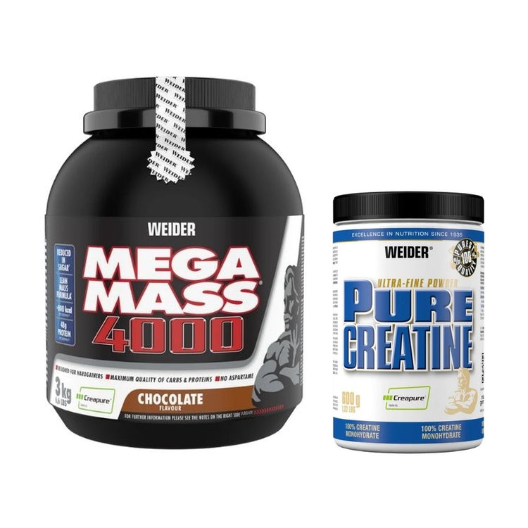 Mega Mass 4000 (Chocolate, 3000g) + Pure Creatine 600g, Weider