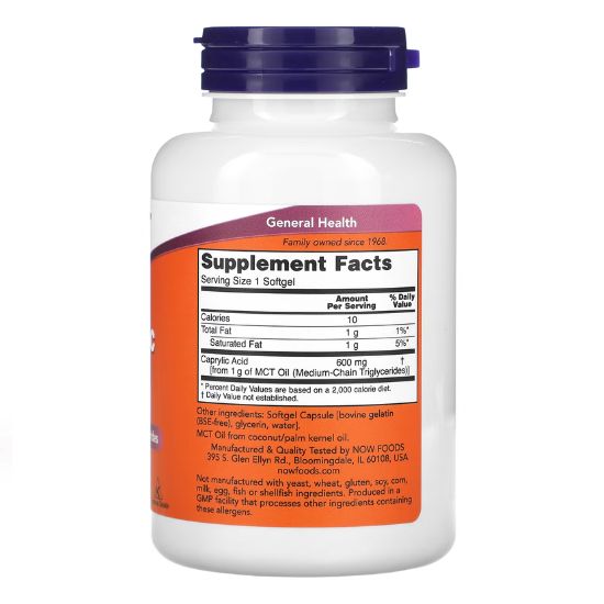 Caprylic Acid, 600mg, 100 softgels, NOW Foods - Vitax.ro