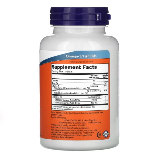 Cod Liver Oil, 1000mg Extra Strength, 90 softgels, NOW Foods - Vitax.ro