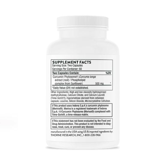 Curcumin Phytosome, cu eliberare susținută, 500 mg, 120 capsule, Thorne Research - Vitax.ro