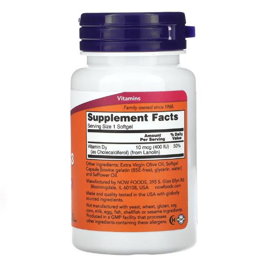 Vitamin D-3, 400 IU, 180 softgels, NOW Foods - Vitax.ro