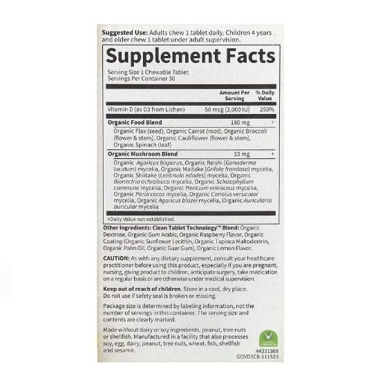 Mykind Organics Vegan D3 Chewable, 2000 IU (Raspberry-Lemon), 30 vegan chewable tabs, Garden of Life - Vitax.ro