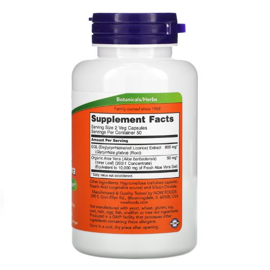 DGL with Aloe Vera, 100 vcaps, NOW Foods - Vitax.ro