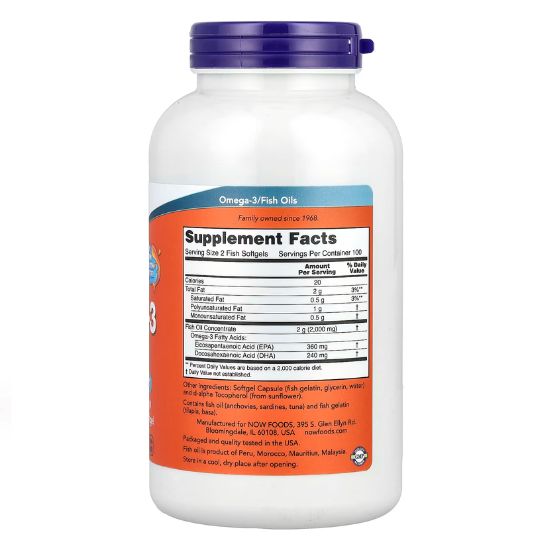 Omega-3 Molecularly Distilled, 200 fish softgels, NOW Foods - Vitax.ro
