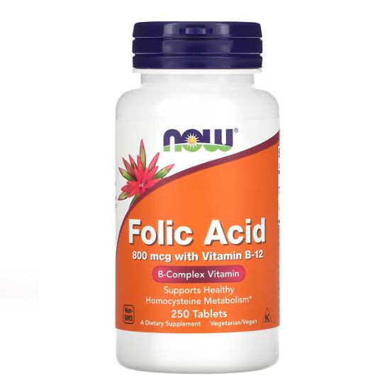 Folic Acid with Vitamin B12, 800mcg, 250 tabs, NOW Foods - Vitax.ro