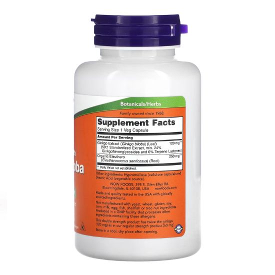 Ginkgo Biloba Double Strength, 120mg, 100 vcaps, NOW Foods - Vitax.ro
