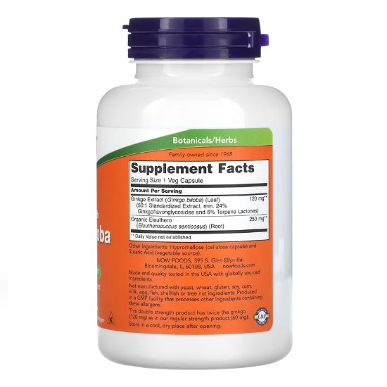 Ginkgo Biloba Double Strength, 120mg, 200 vcaps, NOW Foods - Vitax.ro
