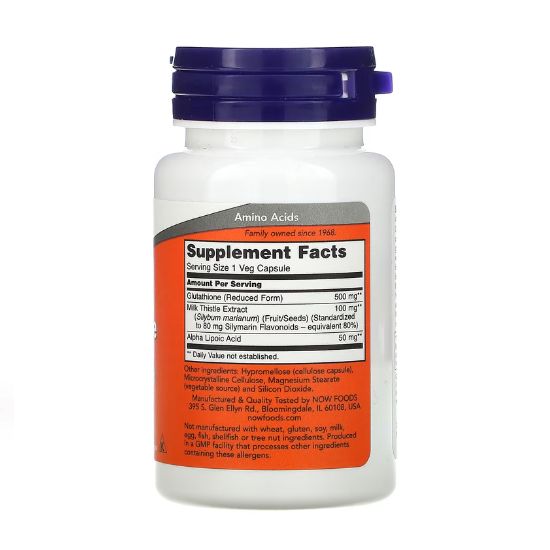 Glutathione with Milk Thistle Extract & Alpha Lipoic Acid, 500mg, 30 vcaps, NOW Foods - Vitax.ro