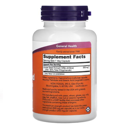 Grape Seed Maximum Strength, 500mg, 90 vcaps, NOW Foods | Vitax.ro