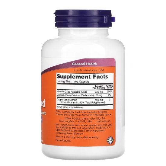 Grape Seed Standardized Extract, 100mg, 200 vcaps, NOW Foods - Vitax.ro