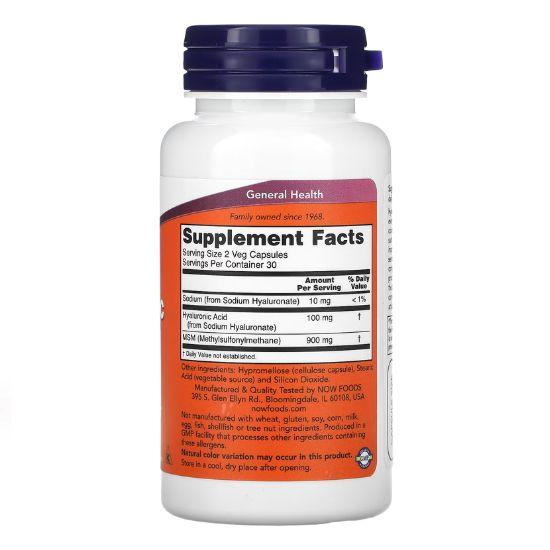 Hyaluronic Acid with MSM, 50mg, 60 vcaps, NOW Foods - Vitax.ro