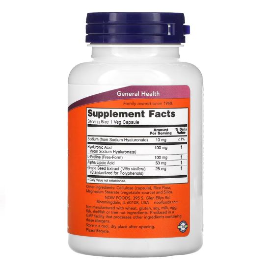 Hyaluronic Acid, 100mg Double Strength, 120 vcaps, NOW Foods - Vitax.ro