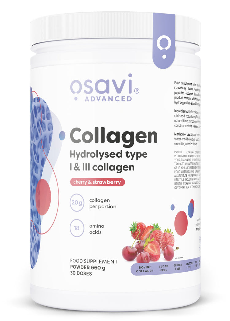 Collagen Hydrolysed Type I & III, Cherry & Strawberry, 660g, Osavi - Vitax.ro