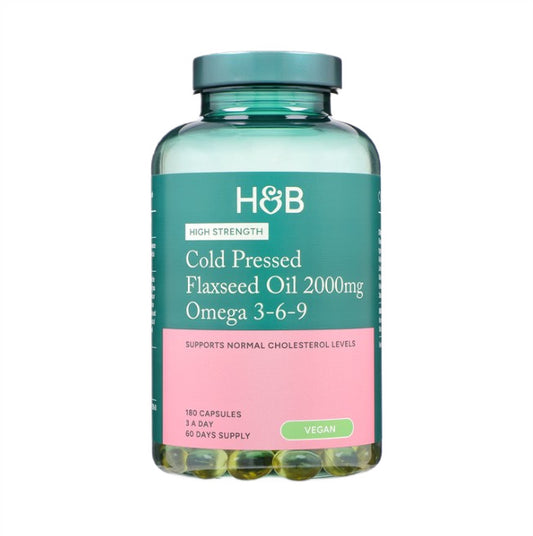 High Strength Cold Pressed Flaxseed Oil Omega 3-6-9, 2000mg, 180 vcaps, Holland & Barrett - Vitax.ro