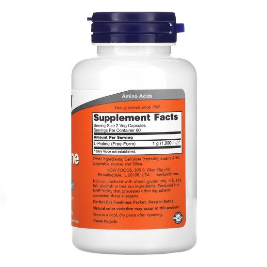 L-Proline, 500mg, 120 vcaps, NOW Foods - Vitax.ro