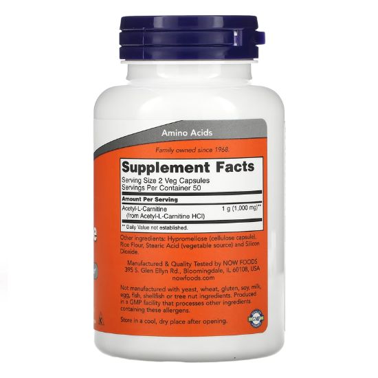 Acetyl-L-Carnitine, 500mg, 100 vcaps, NOW Foods - Vitax.ro