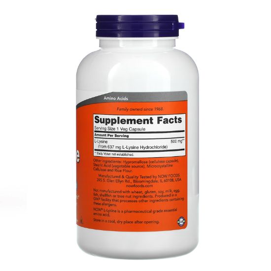 L-Lysine, 500mg, 250 vcaps, NOW Foods - Vitax.ro