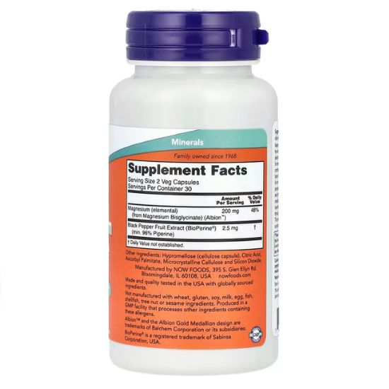 Magnesium Glycinate with BioPerine, 60 vcaps, NOW Foods - Vitax.ro