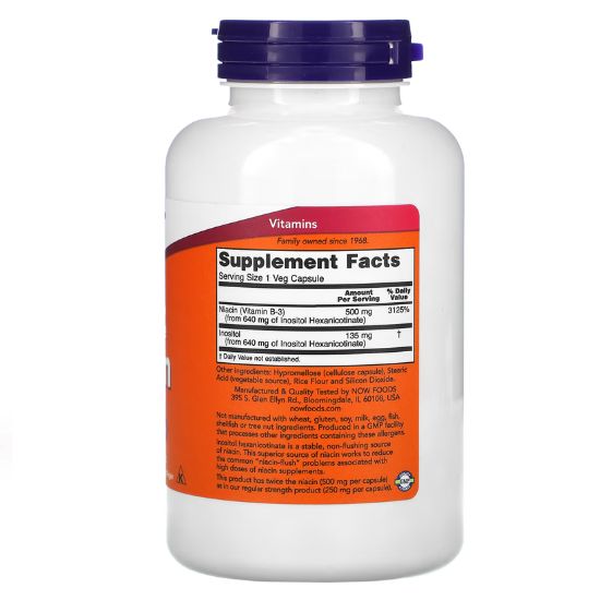 Niacin Flush-Free, 500mg (Double Strength), 180 vcaps, NOW Foods - Vitax.ro