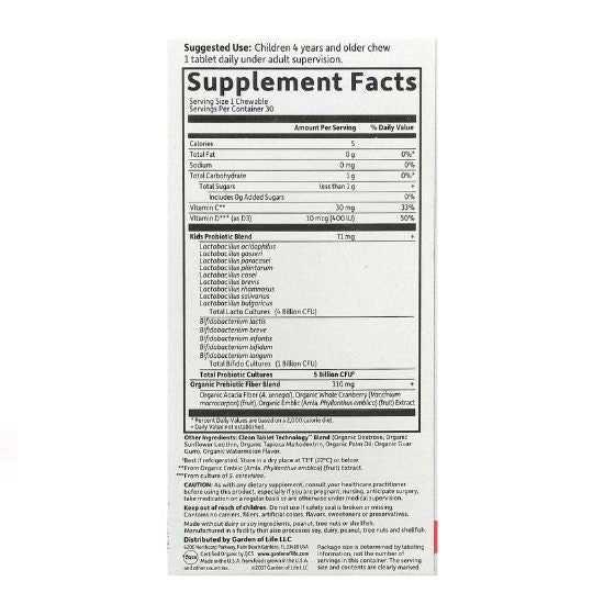 Dr. Formulated Probiotics Organic Kids+, Watermelon, 30 chewables, Garden of Life - Vitax.ro