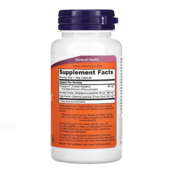 Pycnogenol with Acerola & Rutin Powder, 60mg, 50 vcaps, NOW Foods - Vitax.ro