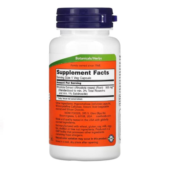 Rhodiola 500 mg, 60 Capsule Vegetale, NOW Foods