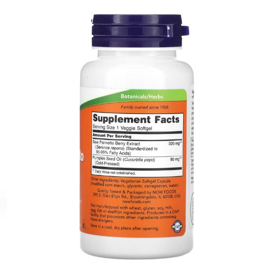 Saw Palmetto Extract with Pumpkin Seed Oil, 320mg, 90 veggie softgels, NOW Foods - Vitax.ro