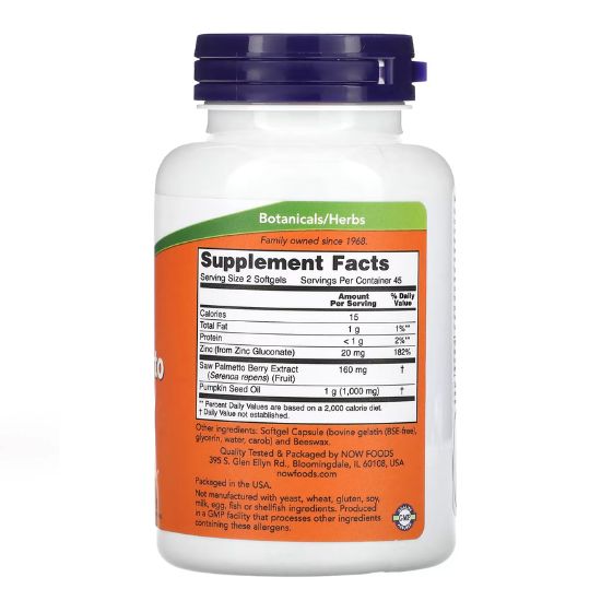 Saw Palmetto Extract with Pumpkin Seed Oil and Zinc, 80mg, 90 softgels, NOW Foods - Vitax.ro