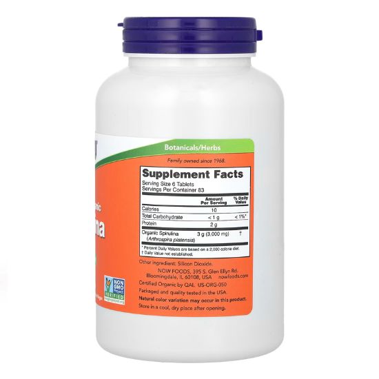 Spirulina Organic, 500mg, 500 tabs, NOW Foods - Vitax.ro