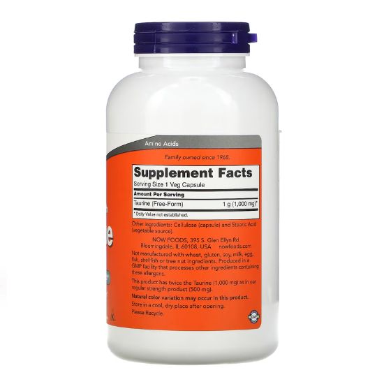 Taurine, 1000mg Double Strength, 250 vcaps, NOW Foods - Vitax.ro