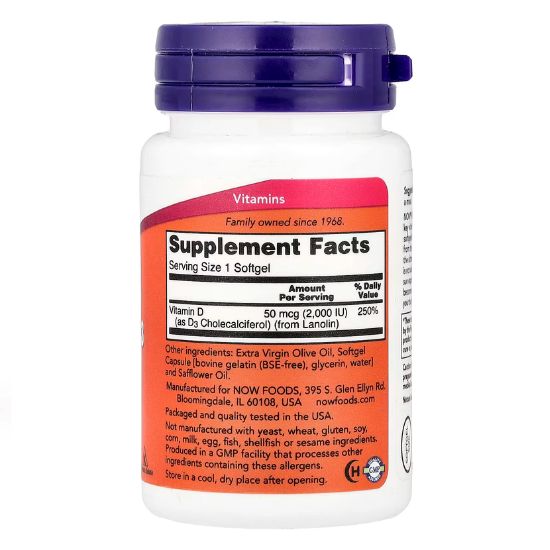 Vitamin D-3, 2000 IU, 30 softgels, NOW Foods - Vitax.ro