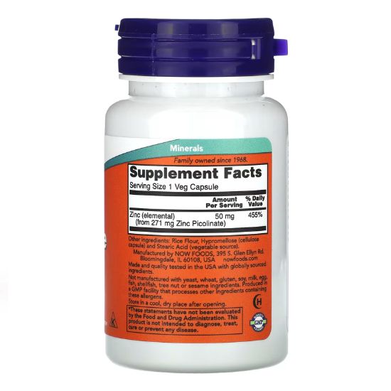 Zinc Picolinate, 50mg , 30 vcaps, NOW Foods - Vitax.ro