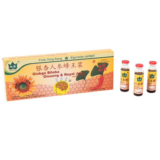 Ginkgo Biloba, Ginseng & Royal Jelly, Yong Kang, 10 Fiole Buvabile - Vitax.ro